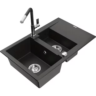 Mexen Gaspar zlewozmywak granitowy 1,5-komorowy z ociekaczem i baterią kuchenną Flora, czarny/złoty metalik - Zlewozmywaki z baterią - miniaturka - grafika 1