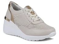 Sneakersy damskie - Sneakersy damskie ażurowe beżowe na koturnie skórzane S.Barski LR725 beż-41 - miniaturka - grafika 1