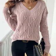 Swetry damskie - TEMU Prosty sweter z dekoltem w serek i warkoczowym splotem, Elegancki sweter z długim rękawem na jesień i zimę, Odzież damska - miniaturka - grafika 1