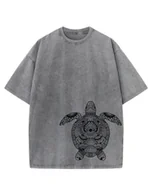 Koszulki i topy damskie - Damska koszulka oversize efekt sprania Zwierzęta Żółw Wzorzysty Grafitowa L - miniaturka - grafika 1