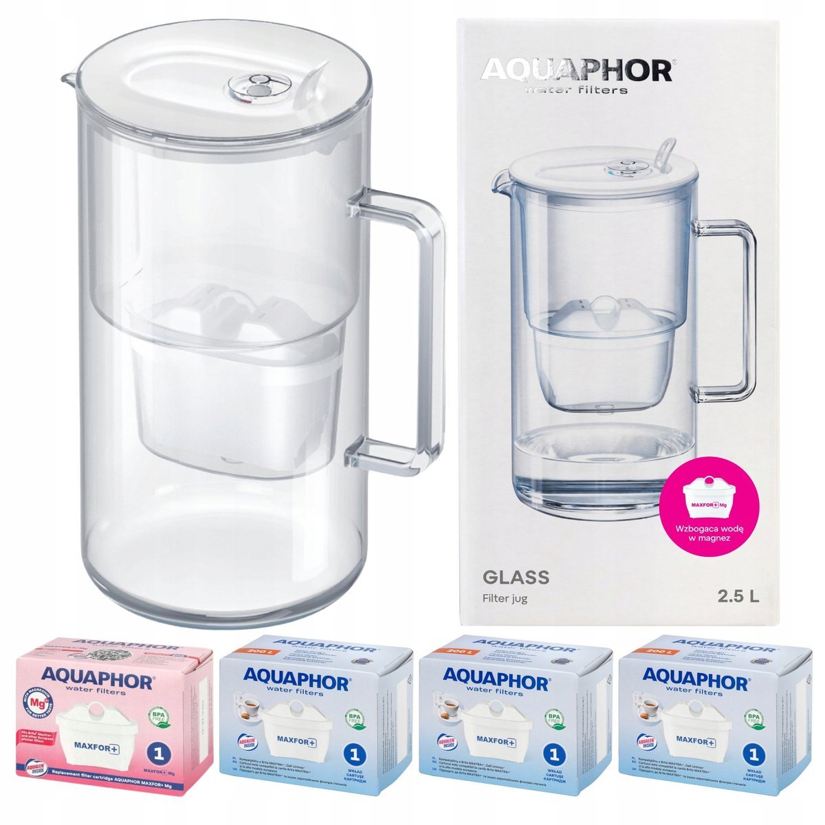 Dzbanek filtrujący szklany Aquaphor Glass biały + 4 filtry Maxfor (1Mg + 3)