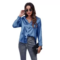 Koszule damskie - Clotth Damska koszula z długim rękawem z satynowego jedwabiu Button Down Shirt, Blue-XL, XL - miniaturka - grafika 1