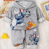 Dresy i komplety dla chłopców - TEMU Series Boys' Spring/Autumn kolekcja myszy i kota „Cheese i Tom” Maska z motywem Hoodie Set, wygodny uniwersalny sweter z prostymi casual - miniaturka - grafika 1