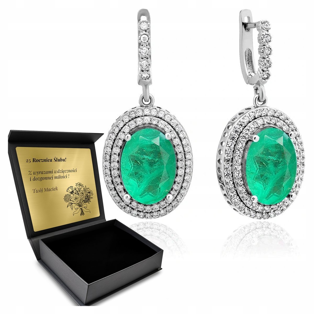 Kolczyki Srebrne 925 Cyrkonie I Turmalin Biżuteria Dla Kobiety + Grawer