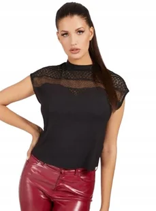 GUESS CZARNA BLUZKA Z AŻUROWYM DEKOLTEM I KRÓTKIM RĘKAWEM M GXB - Bluzki damskie - miniaturka - grafika 1