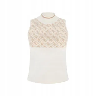 GUESS BEŻOWA BLUZKA DAMSKA BEZ RĘKAWÓW Z GOLFEM I WZOREM S GNA - Bluzki damskie - miniaturka - grafika 1