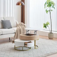 Ławy i stoliki kawowe - Podnoszony złoty stolik kawowy ze schowkiem, 2-częściowy zestaw z szufladami, elegancki design z drewna i metalu - miniaturka - grafika 1