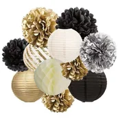 Dekoracje sali - Girlanda dekoracyjna pompony rozety złoto czarna 11 szt. - miniaturka - grafika 1