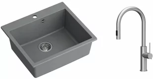 Quadron Zlewozmywak granitowy jednokomorowy 57*50*22 cm MORGAN 110 SILVER STONE ze stalowym odpływem z baterią JENNIFER Q LINE SLIM z wyciąganą wylewką i funkcją prysznica kolor stal szczotkowana - Zlewozmywaki z baterią - miniaturka - grafika 1