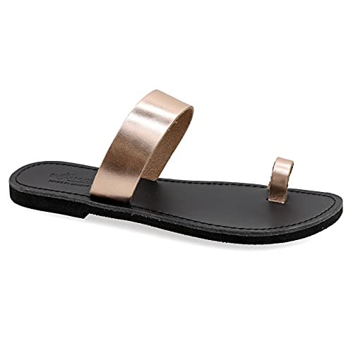 41 Rose Gold Emmanuela Toen Pierścionek Sandały Skórzane, Wysokiej Jakości Handmade Greek Slide Letnie Buty, Sandały Pasek, Płaskie Boho Porcie Pierścień