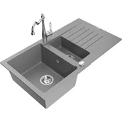 Zlewozmywaki z baterią - Mexen Matias zlewozmywak granitowy 1,5-komorowy z ociekaczem i baterią kuchenną Carla, szary - miniaturka - grafika 1