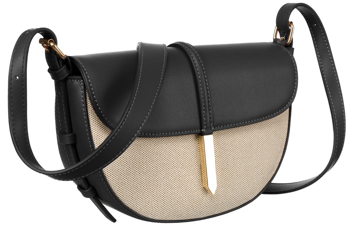 Półokrągła płócienna listonoszka damska PETERSON mała torebka na ramię beżowo-czarna złote okucia płótno canvas i eko skóra