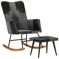 Fotele - Fotel bujany z podnóżkiem, czarny, skóra naturalna i płótno Lumarko - miniaturka - grafika 1