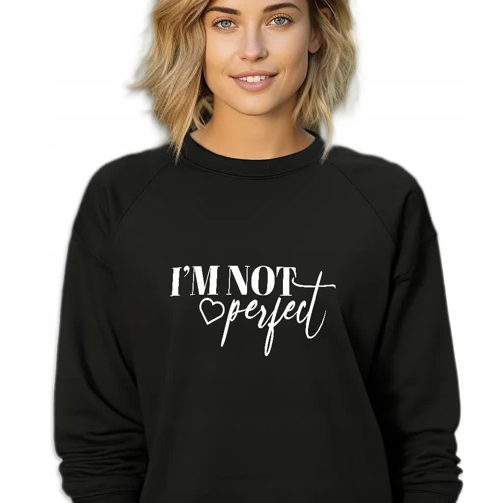 Czarna Bluza Damska Dresowa IM NOT PERFECT Stylowa Modna Wzory Rozmiar S
