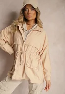 Kurtki damskie - Ciemnobeżowa Kurtka Parka z Dodatkiem Bawełny Wykończona Troczkami Zapinana na Napy Velona - miniaturka - grafika 1