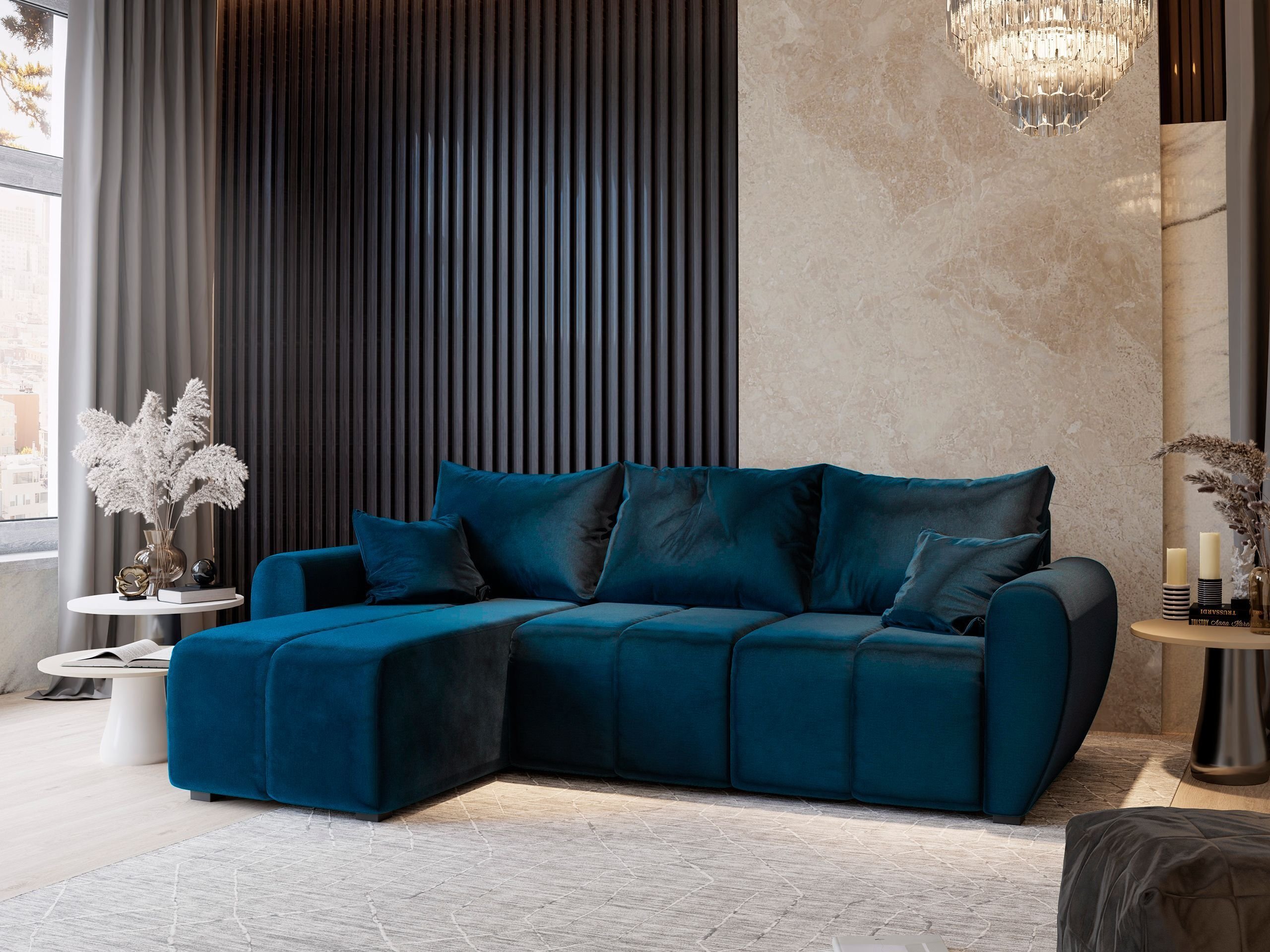 Masseno Narożnik MADISON z funkcją spania i pojemnikiem na pościel Kształt L, Rozkładana sofa, Rogówka - Niebieski, KRONOS 09