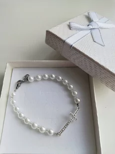 BRANSOLETKA PERŁY Z KRZYŻYKIEM CYRKONIE SREBRNY - Bransoletki - miniaturka - grafika 1