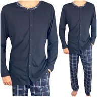 Piżamy damskie - Piżama męska długie spodnie krata długi rękaw granat rozpinana XXL - miniaturka - grafika 1