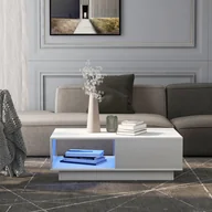 Ławy i stoliki kawowe - Stolik kawowy Fortuna Lai o wysokim połysku, stolik do salonu z 15 kolorami LED, z półką i szufladą, 99 x 55 x 32 cm biały - miniaturka - grafika 1