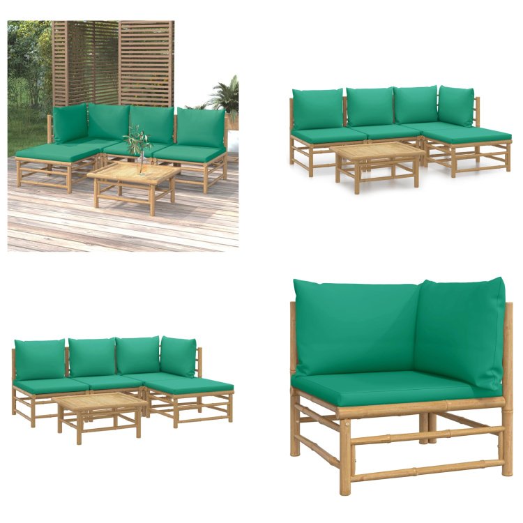 vidaXL 5-częściowy zestaw wypoczynkowy do ogrodu z zielonymi bambusowymi poduszkami - Zestaw wypoczynkowy do ogrodu - Zestawy wypoczynkowe do ogrodu - Zestaw wypoczynkowy - Zestaw mebli ogrodowych