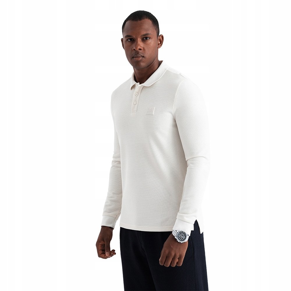 Strukturalny longsleeve męski polo z naszywką biały V2 OM-POLS-0131 XXL
