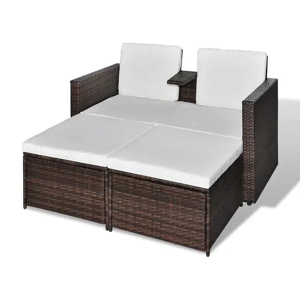 Zestaw mebli rattanowych 2-osobowa sofa brązowa 132x62x77 cm + 2 podnóżk