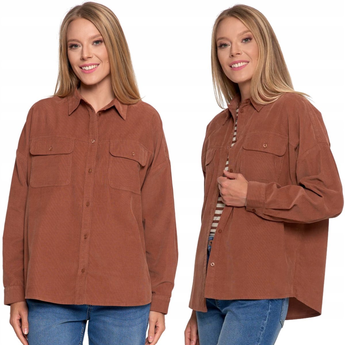 KOSZULA DAMSKA SZTRUKSOWA LUŹNA BAWEŁNIANA Z KIESZENIAMI MORAJ S/M BEIGE