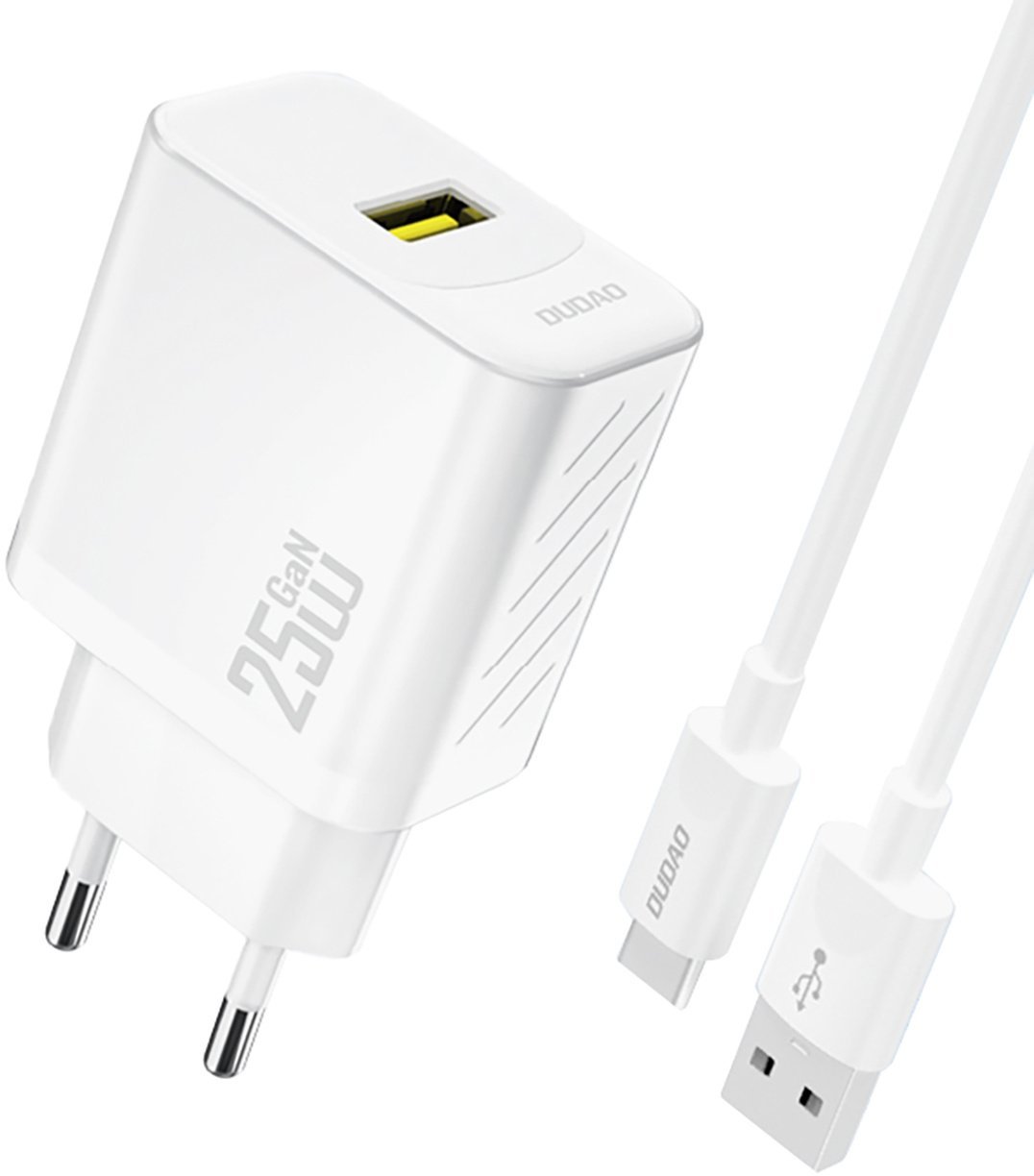 Ładowarka sieciowa USB-A z kablem USB-A - USB-C GaN 25W - biała Ładowarka sieciowa USB-A z kablem USB-A - USB-C GaN 25W - biała