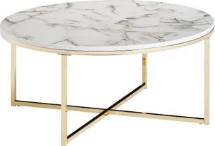 Stolik kawowy WOHNLING 80x36x80 cm o marmurowym wyglądzie biały, stolik do salonu z metalową ramą, okrągły stolik do salonu, stolik boczny - Ławy i stoliki kawowe - miniaturka - grafika 1