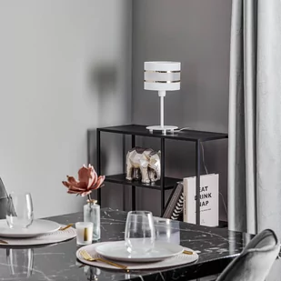 Lampa stołowa Helen, tekstylny klosz biało-złota - Lampy stojące - miniaturka - grafika 2