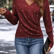 Swetry damskie - TEMU Damski Wiosenno-Jesienny Casualowy Elegancki Sweter z Perłami, Krzyżowym Dekoltem V, Marszczonym, Dopasowanym, Długi Rękaw, Jednokolorowy Top - miniaturka - grafika 1