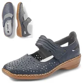 Baleriny - Baleriny Damskie Skórzane 39 RIEKER 41399 Ażurowe Granatowe na rzepy letnie - miniaturka - grafika 1