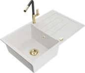 Zlewozmywaki z baterią - Mexen Bruno zlewozmywak granitowy 1-komorowy z ociekaczem i baterią kuchenną Flora, biały - 6513-20-670401-57-G - miniaturka - grafika 1