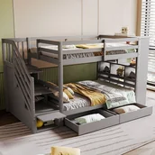 Łóżka dla dzieci i młodzieży - Drewniane łóżko piętrowe 90x200cm - z 2 szufladami i regałem - Szare - miniaturka - grafika 1