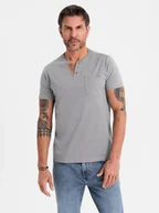 Koszulki męskie - Męski t-shirt z dekoltem na guziki i zamszowym wykończeniem szary V3 OM-TSCT-0206 XL - miniaturka - grafika 1