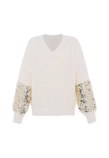 Swetry damskie - faina Damski sweter z dzianiny z dekoltem w serek i cekinowymi rękawami Wełnowo-biały, rozmiar M/L, biały (wollweiss), XL - grafika 1