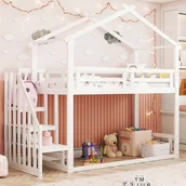 Łóżka dla dzieci i młodzieży - Łóżko piętrowe z litego drewna sosnowego ze schodami i stelażem z listew - 90x200 cm - białe - miniaturka - grafika 1