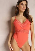 Body - Pomarańczowe Body z Koronką Przy Dekolcie i Regulowanymi Ramiączkami Stela - miniaturka - grafika 1