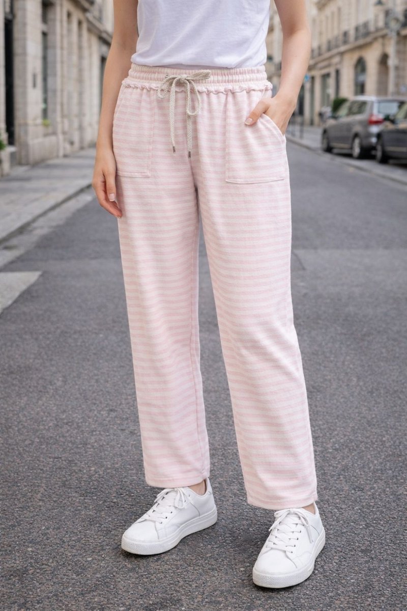 Spodnie damskie różowo-kremowe paski bawełna Italy casual One Size