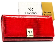 Portfele - Portfel damski lakierowany ROVICKY rfid stop duży rozbudowany skórzany na zatrzask czerwony - miniaturka - grafika 1