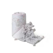 Okrycia kąpielowe dla dzieci - Okrycie kąpielowe 100x100 Słoń biały różowy ręcznik z kapturkiem + przytulanka - miniaturka - grafika 1