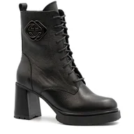 Botki damskie - Czarne skórzane sznurowane botki LM60439 - Neścior - miniaturka - grafika 1