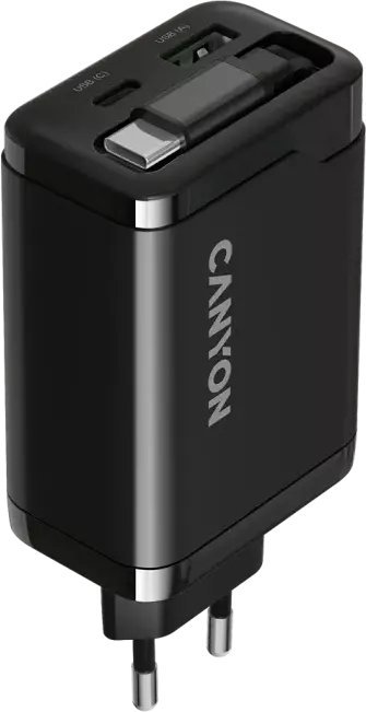 Zasilacz do laptopa Canyon CANYON charger OnCharge 65RC Build-In Cable USB-C 65W 1xPD 1xQC EU Black
