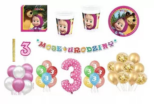 Zestaw Urodzinowy Masza 3 Urodziny Balony Kubki Talerzyki Świeczka Cyfra - Miseczki i talerzyki dla dzieci - miniaturka - grafika 1