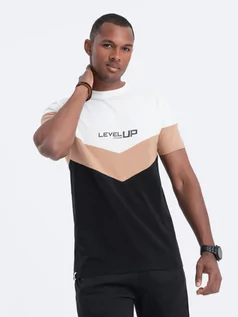 Koszulki męskie - T-shirt męski bawełniany trójkolorowy z logo - czarno-brązowy V3 S1747 - grafika 1