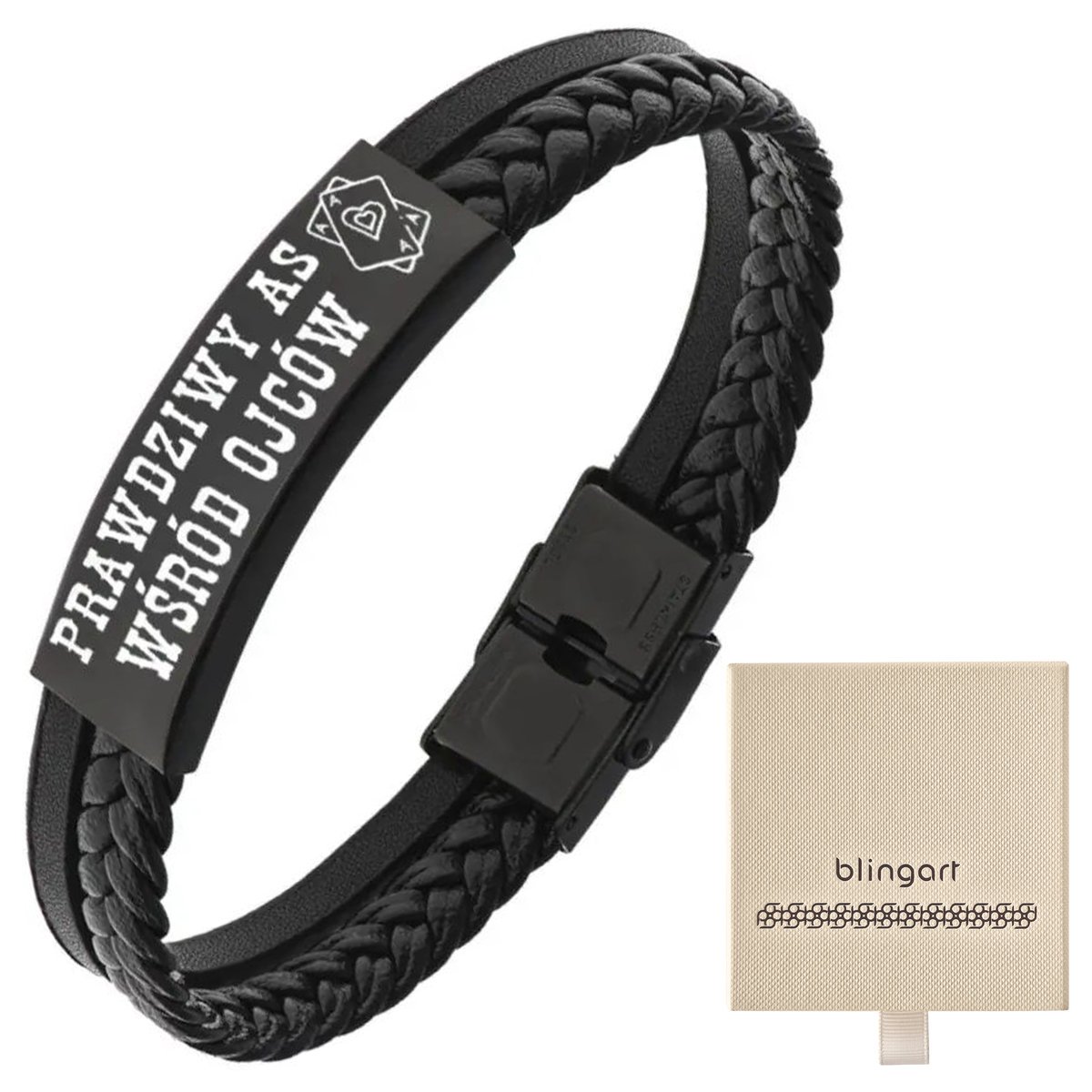 Bransoletka męska z GRAWEREM czarna plecionka blas