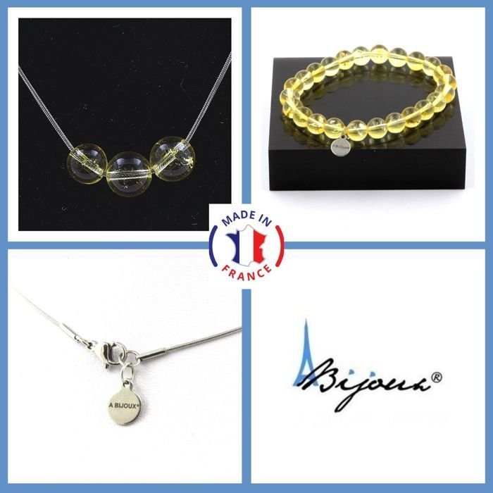 Kamienie i minerały. Komplet biżuterii Bransoletka Naszyjnik 3 Koraliki Cytrynowe 8 mm. Łańcuszek stalowy Możliwość dostosowania rozmiaru.