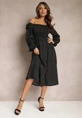 Sukienki - Czarna Rozkloszowana Sukienka Midi w Kropki z Hiszpańskim Dekoltem Lusena - miniaturka - grafika 1