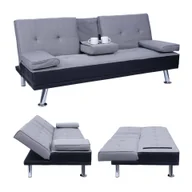 Sofy i kanapy - sofa 3-osobowa HWC-F60, kanapa rozkładana, łóżko dla gości, regulowany uchwyt na kubek 97x166cm ~ imitacja skóry /tekstylia, czarny/jasnoszary - miniaturka - grafika 1