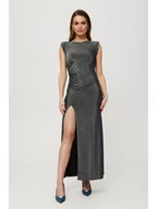 Sukienki - K186 Metaliczna sukienka maxi z poduszkami i marszczeniem - srebrna (kolor srebrny, rozmiar M) - miniaturka - grafika 1